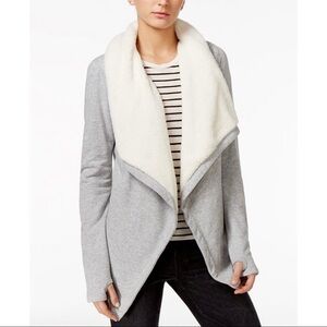 Guess Gray Open Front Sweater Bailey Fleece Trim Jacket